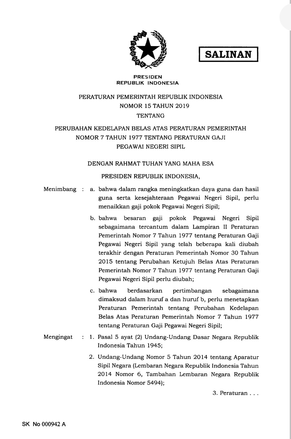 PP NOMOR 15 Tahun 2019