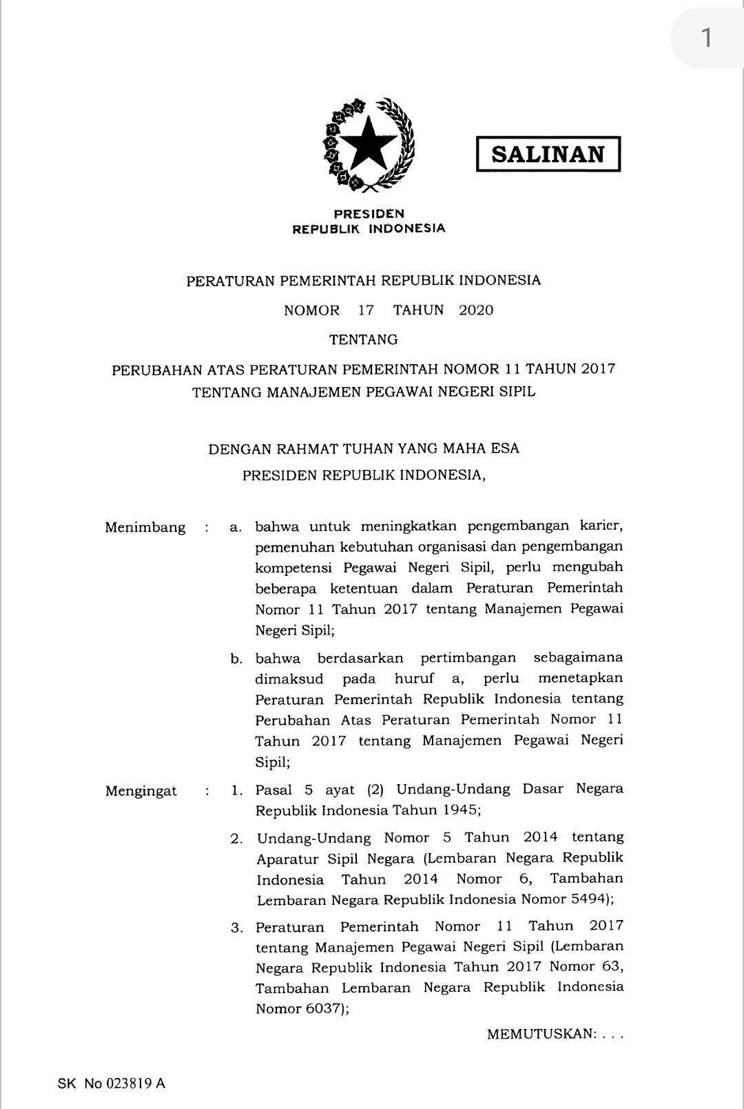 PP Nomor 17 Tahun 2020