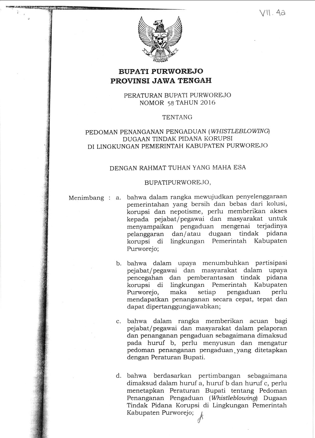 PERBUP Nomor 58 Tahun 2016