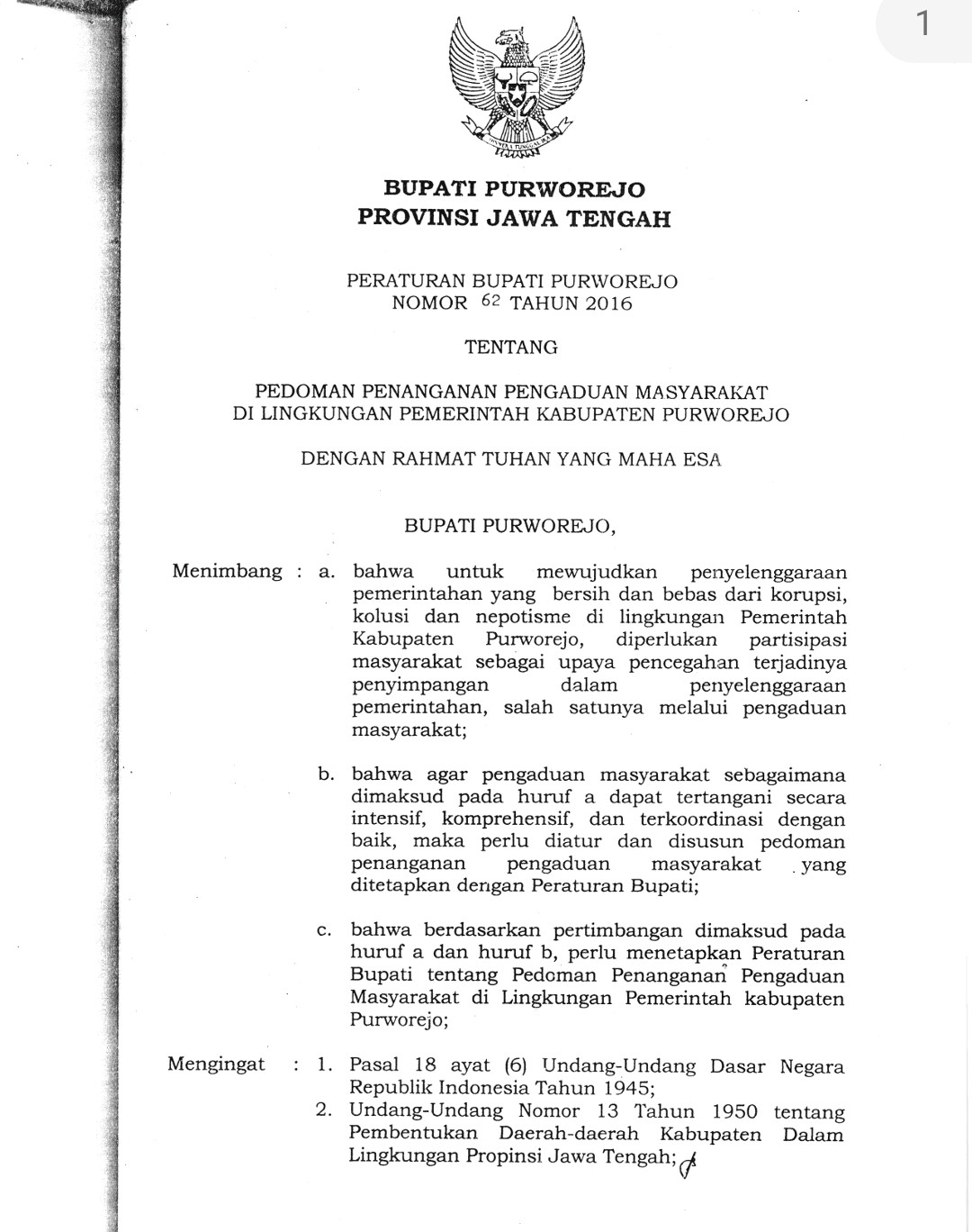 PERBUP Nomor 62 Tahun 2016