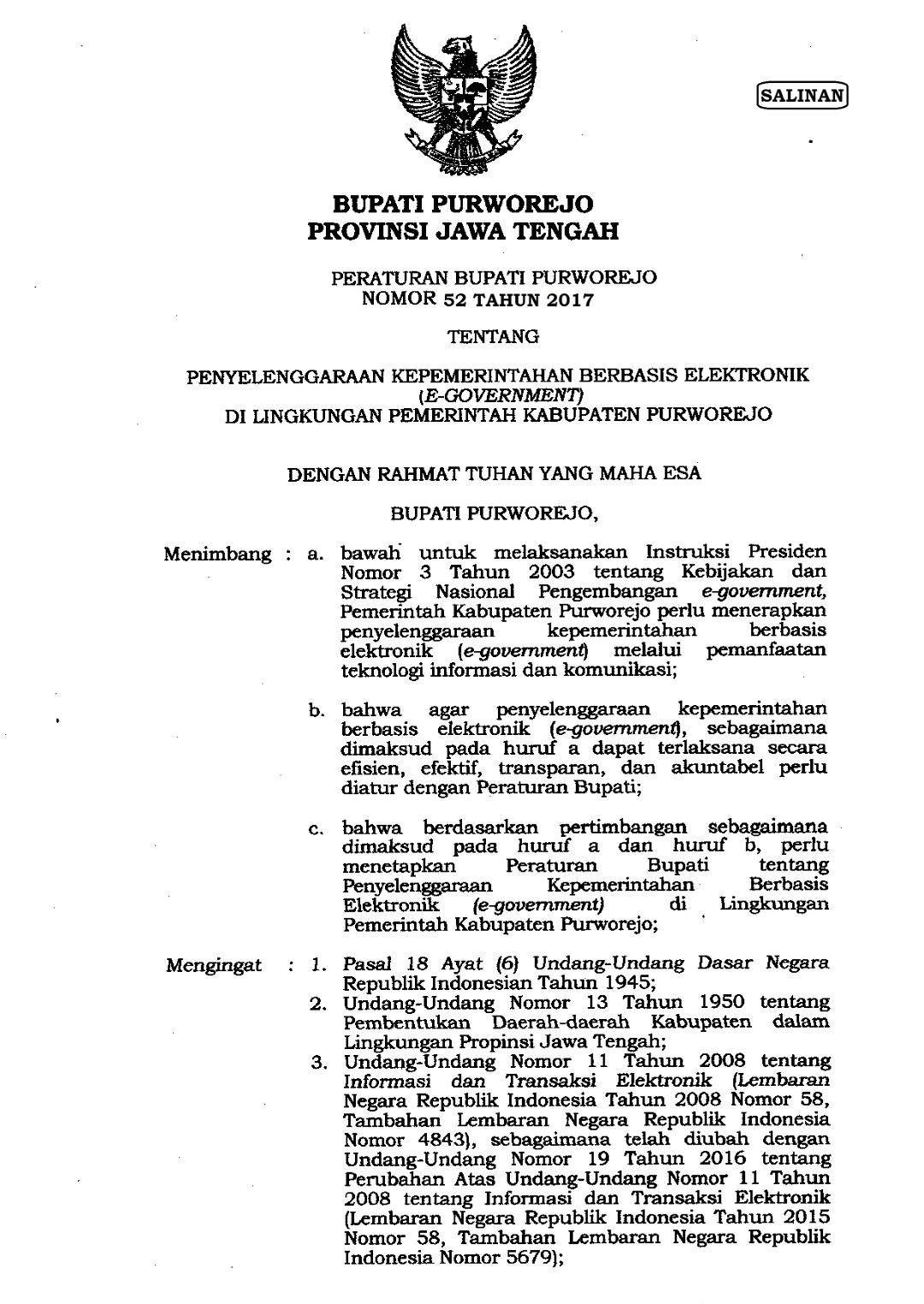 PERBUP Nomor 52 Tahun 2017