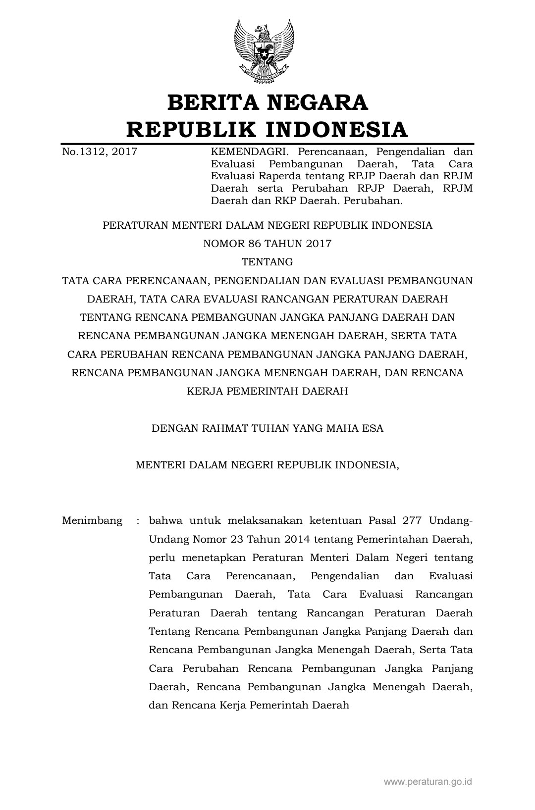 PERMENDAGRI Nomor 86 Tahun 2017