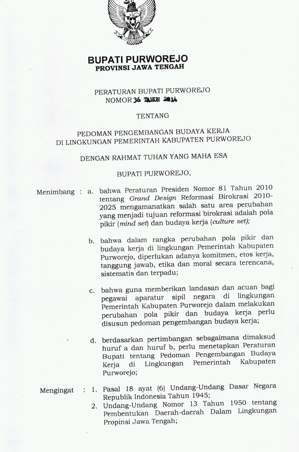 PERBUP Nomor 36 Tahun 2014