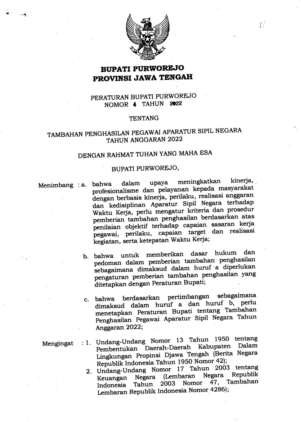 PERBUP Nomor 4 Tahun 2022